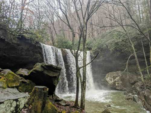 A serene waterfall cascades over rocks, surrounded by lush trees and mist in a tranquil forest setting.