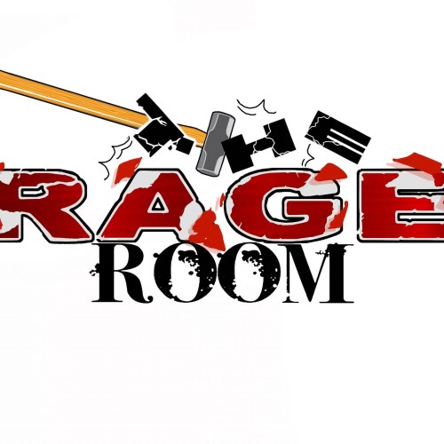 Logo for "The Rage Room," featuring bold text and a hammer striking, with a dynamic, energetic design.