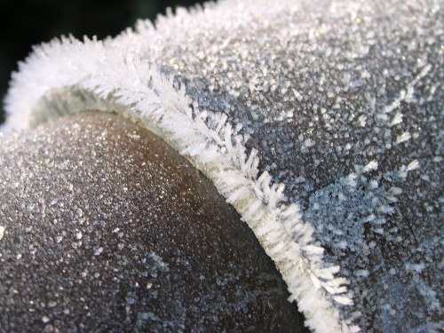 Close-up of a frosted surface with delicate ice crystals forming along the edge, glistening in natural light.