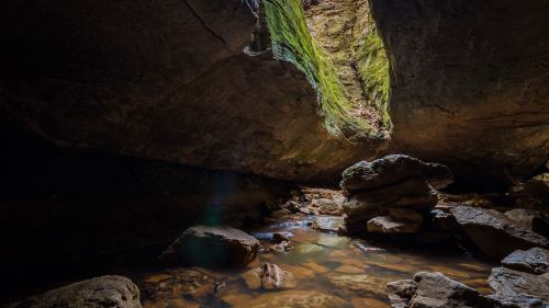 A dimly lit cave with moss-covered rocks and a small stream reflecting light from an opening above.
