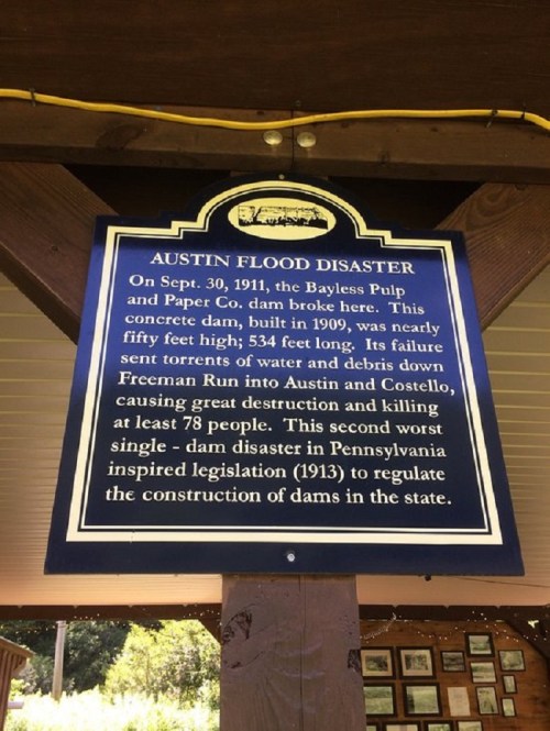 Historical marker about the Austin Flood Disaster, detailing the dam's collapse and its impact on the community.
