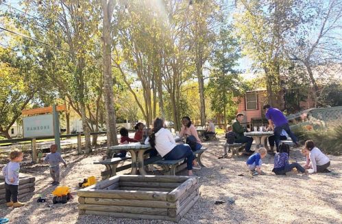 A sunny playground scene with children playing and adults sitting at picnic tables among trees.
