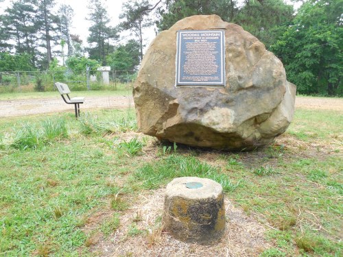 A large boulder with a plaque stands in a grassy area, next to a single chair and surrounded by trees.