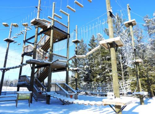 A snowy outdoor adventure park featuring a tall climbing structure with ropes and platforms.
