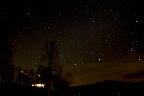 A starry night sky filled with twinkling stars, silhouetted trees, and distant mountains under a dark backdrop.