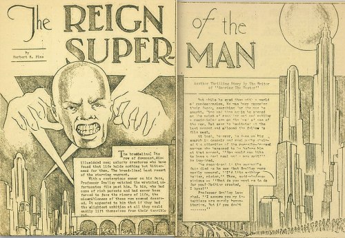 Illustration of a menacing figure with the title "The Reign of the Super Man," accompanied by text on the right.
