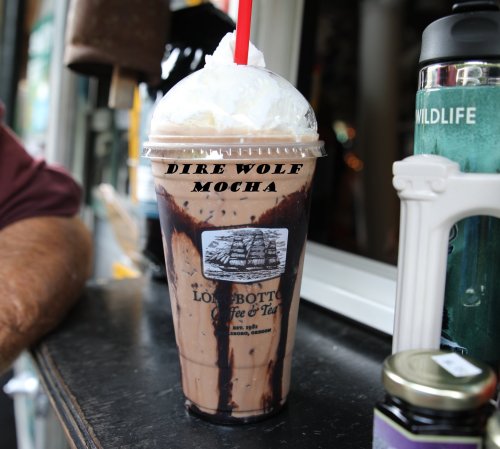 A frosty mocha drink topped with whipped cream, served in a clear cup with a red straw and chocolate drizzle.
