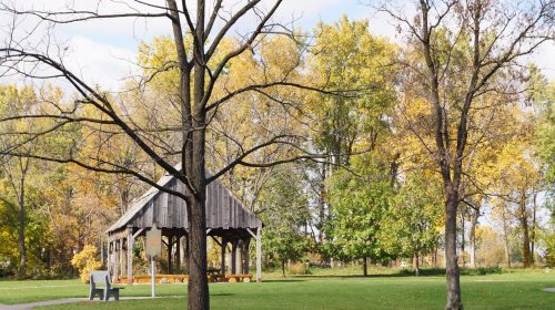 A wooden gazebo surrounded by trees with autumn foliage in a park setting.