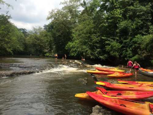 A serene river scene with colorful kayaks on the shore and people enjoying the water amidst lush greenery.