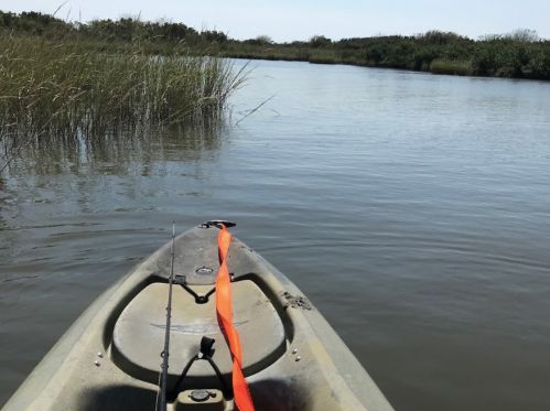 A kayak on calm water surrounded by tall grass and trees, with a fishing rod resting on the kayak.