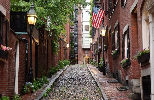 A narrow, cobblestone alley lined with brick buildings, planters, and an American flag, surrounded by greenery.
