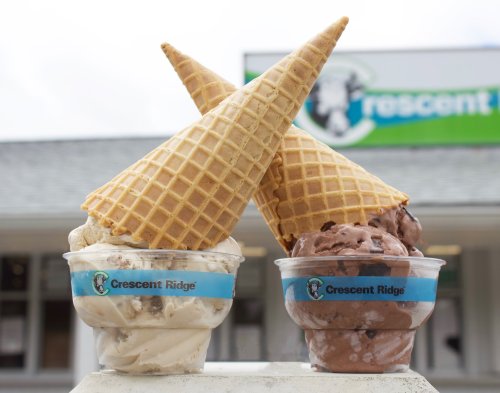 Two ice cream cups with waffle cones on top, one with vanilla and the other with chocolate, in front of a shop.