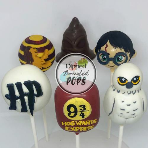 A variety of themed cake pops, including a lion, glasses, and an owl, with a Hogwarts Express pop in the center.