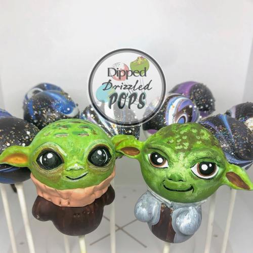 Colorful cake pops featuring cute, cartoonish characters inspired by a popular franchise, with a logo for "Dipped Drizzled Pops."