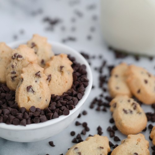 A bowl of cookies shaped like animals sits on chocolate chips, with more cookies scattered around on a marble surface.