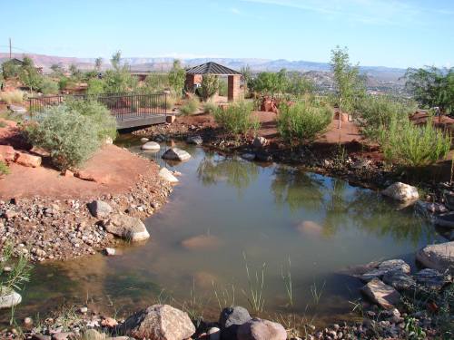 A serene landscape featuring a pond, rocky shore, and a small bridge, surrounded by greenery and distant mountains.