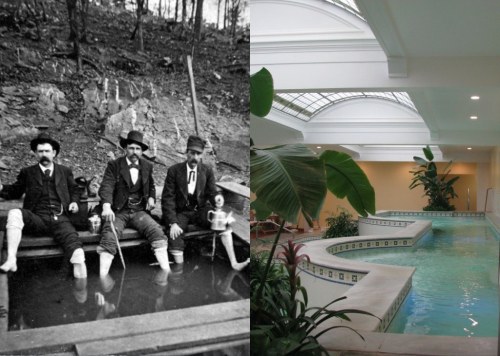 A split image: vintage photo of men by a stream and a modern indoor pool with plants and natural light.