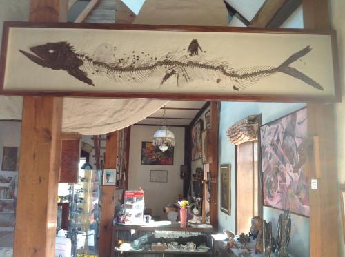 A large fish skeleton artwork displayed on a wall in a cozy, art-filled interior space.