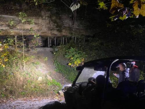 A group of people near a rocky area at night, illuminated by headlights, with trees and foliage surrounding them.