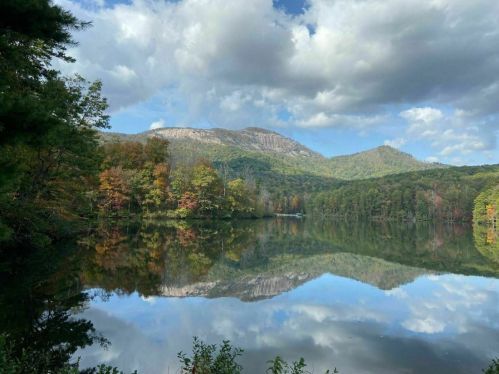 A serene lake reflects colorful autumn trees and a mountain under a partly cloudy sky.