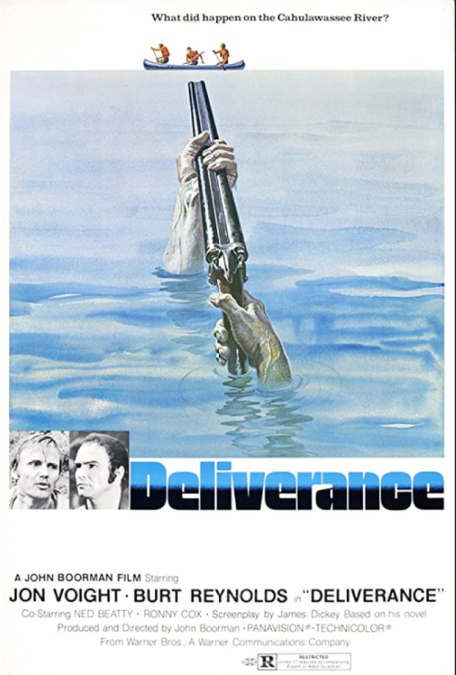 A movie poster for "Deliverance," featuring a man holding rifles above water, with the tagline about the Cahulawassee River.