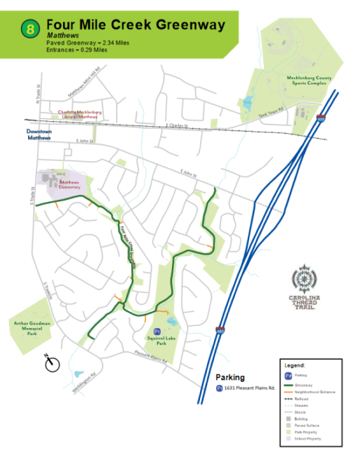 Map of Four Mile Creek Greenway in Matthews, showing entrances, parking, and surrounding areas. Total length: 2.34 miles.