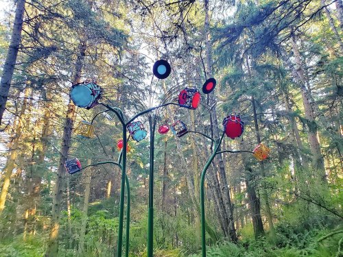 Colorful sculptures resembling flowers stand among tall trees in a sunlit forest.