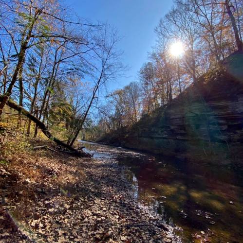A serene riverbank scene with autumn trees, a clear blue sky, and sunlight shining over a rocky cliff.