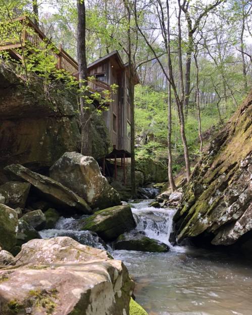 A wooden cabin nestled among trees beside a flowing stream and rocky terrain in a lush, green forest.
