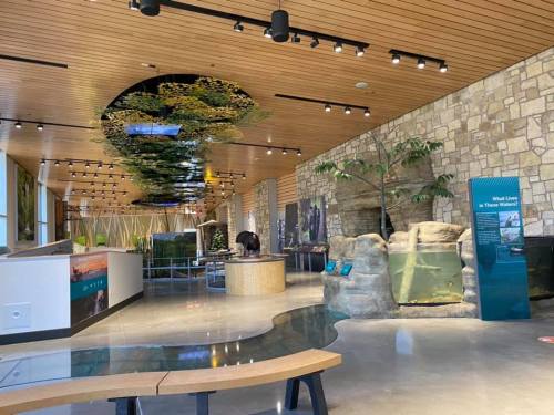 Modern indoor exhibit space with natural elements, stone features, and informational displays about local wildlife.