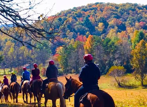 A group of people on horseback riding through a colorful autumn landscape with trees in vibrant fall colors.
