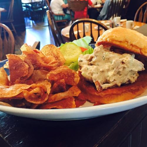 A plate featuring a chicken salad sandwich on a bun, accompanied by a side of crispy potato chips and a lettuce garnish.