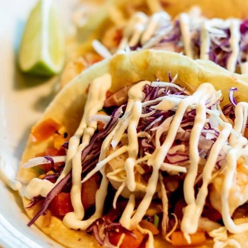 Three tacos filled with shrimp, cabbage, and diced tomatoes, drizzled with creamy sauce, served with a lime wedge.