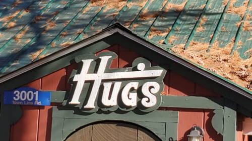 A wooden building with a green roof and a sign that reads "Hugs" above the entrance, surrounded by pine needles.