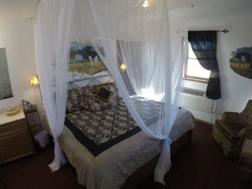 Cozy bedroom with a canopy bed, decorative pillows, and soft lighting, featuring a chair and artwork on the walls.