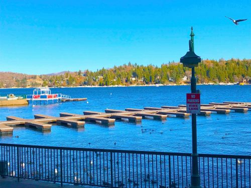 A serene lake view with docks, a "No Parking" sign, and a clear blue sky, surrounded by trees.