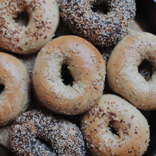A variety of freshly baked bagels topped with seeds and herbs, arranged in a circular pattern.