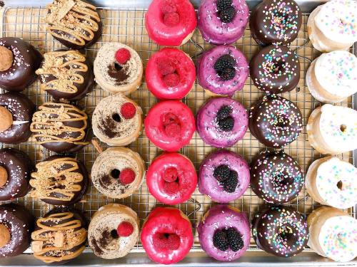 A variety of colorful donuts arranged on a cooling rack, featuring chocolate, pink, and cream toppings with sprinkles and fruit.