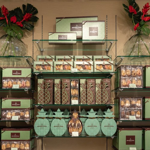 A display of assorted chocolates and confections in green packaging, arranged on glass shelves with tropical decor.