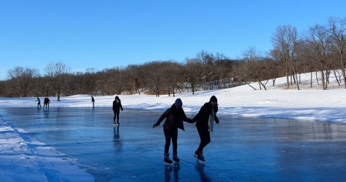 Two people ice skating on a frozen lake, with others skating in the background and trees lining the shore.