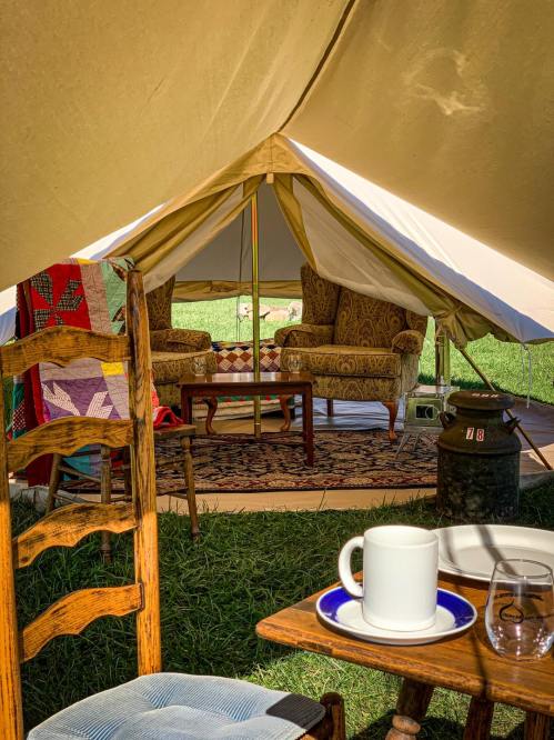 Cozy tent interior with two chairs, a small table, and a cup on a plate, surrounded by grass and a quilt.
