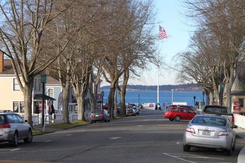 A quiet street lined with trees, cars parked along the sides, and a view of the water and flag in the distance.