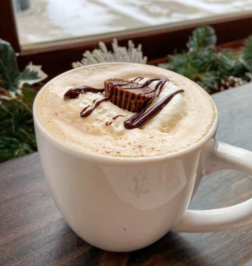 A creamy hot chocolate topped with whipped cream, chocolate drizzle, and a peanut butter cup, served in a white mug.