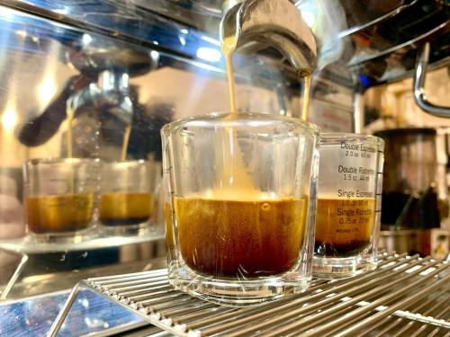 A close-up of espresso being brewed into a glass shot glass, with a shiny espresso machine in the background.