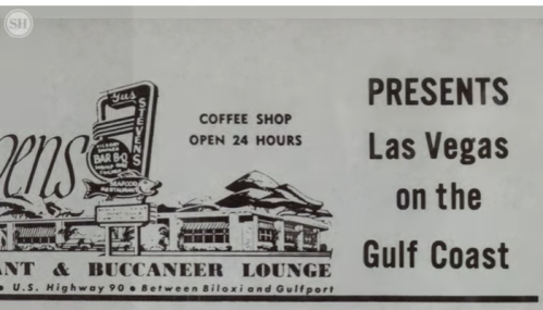 Sign for a coffee shop and lounge, promoting "Las Vegas on the Gulf Coast," located on US Highway 90.