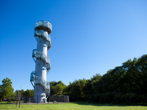 A tall observation tower with a spiral staircase, surrounded by green grass and trees under a clear blue sky.