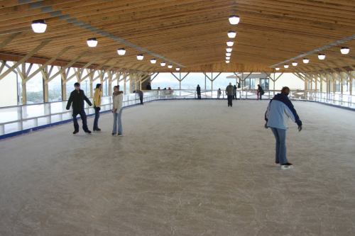 A spacious indoor ice skating rink with people skating and a wooden ceiling overhead.