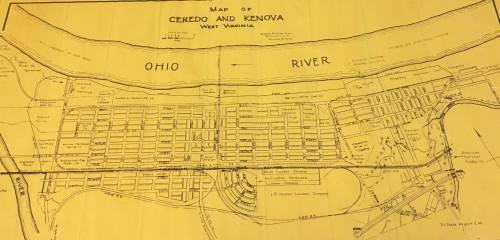 Map of Ceredo and Kenova, West Virginia, featuring streets, buildings, and the Ohio River.