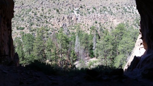 View from a cave entrance, showcasing a lush green landscape with trees and rocky hills in the background.