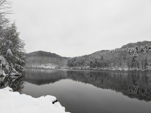 A serene winter landscape featuring a snow-covered lake surrounded by trees and mountains under a gray sky.